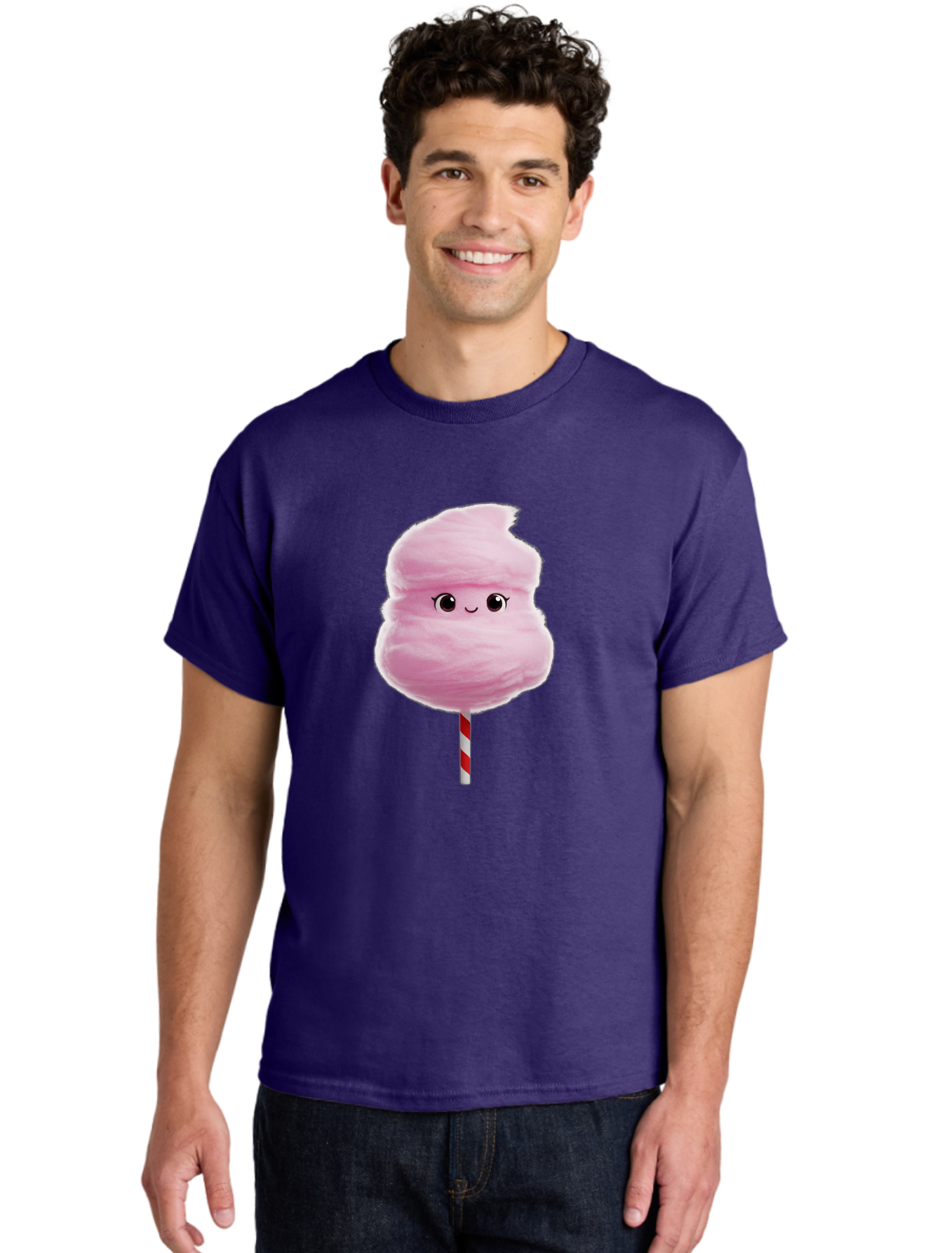 Pink-Cotton-Candy Men'S Graphic Tee, 100% Cotton, Comfortable Casual Summer Wear, Machine Washable, Pink Cotton Candy, Fluffy Sweet Treat, Cartoon Character, Smiling Face, Red And White Striped Stick, Cute Illustration, Cartoon Cotton Candy, Bad426