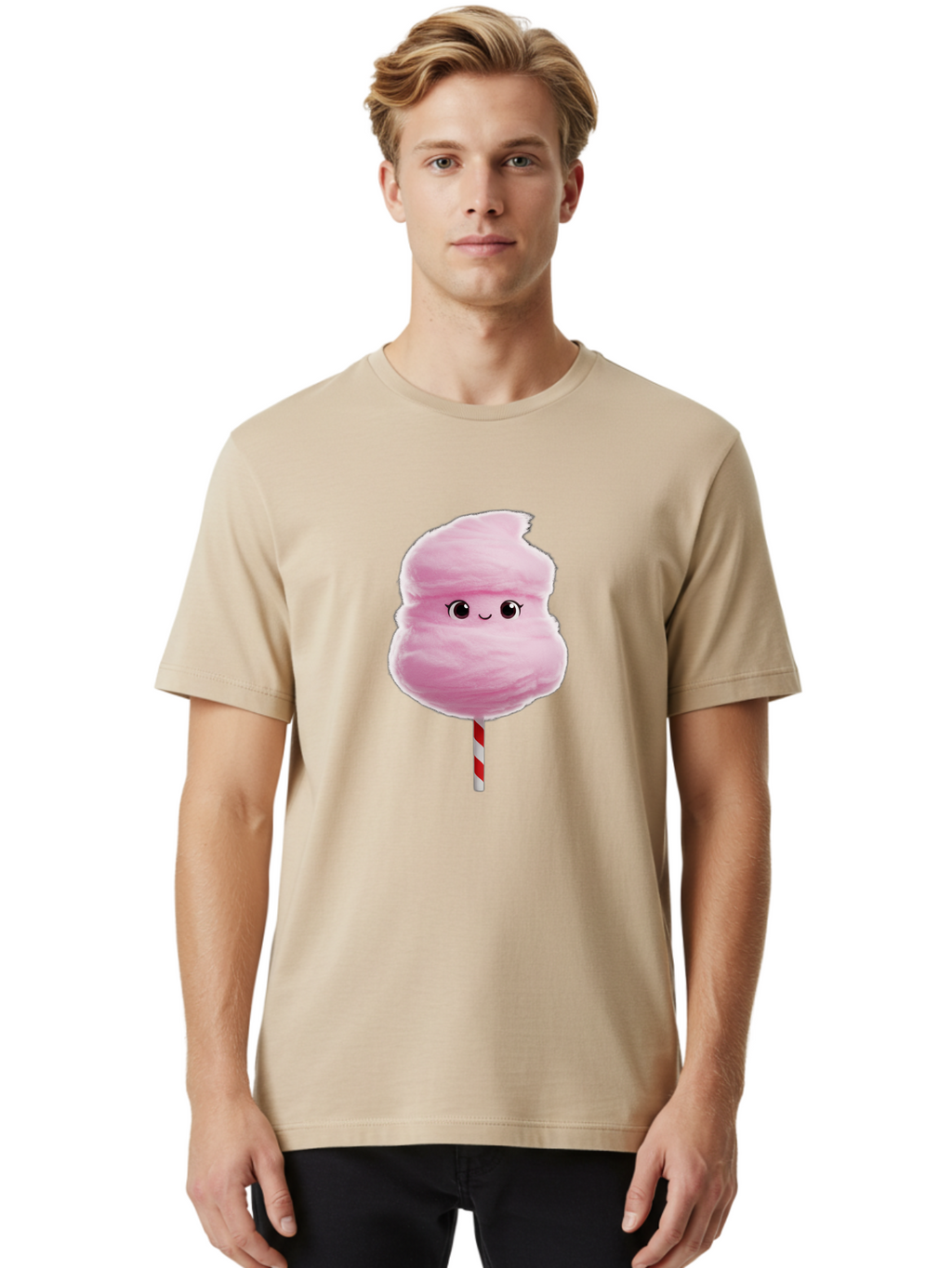 Pink-Cotton-Candy Men'S Graphic Tee, 100% Cotton, Comfortable Casual Summer Wear, Machine Washable, Pink Cotton Candy, Fluffy Sweet Treat, Cartoon Character, Smiling Face, Red And White Striped Stick, Cute Illustration, Cartoon Cotton Candy, Bad426