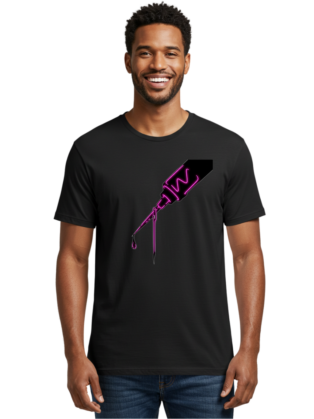 Pink-Dropper Men'S Graphic Tee, 100% Cotton, Comfortable Casual Summer Wear, Machine Washable, Pink Neon Dropper Bottle, Glowing Liquid, Medical Bottle, Pink Glow, Single Drop, Neon Lights, Modern Design, Futuristic Style Bad428