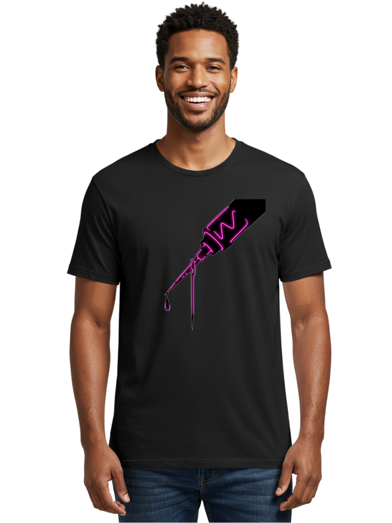 Pink-Dropper Men'S Graphic Tee, 100% Cotton, Comfortable Casual Summer Wear, Machine Washable, Pink Neon Dropper Bottle, Glowing Liquid, Medical Bottle, Pink Glow, Single Drop, Neon Lights, Modern Design, Futuristic Style Bad428