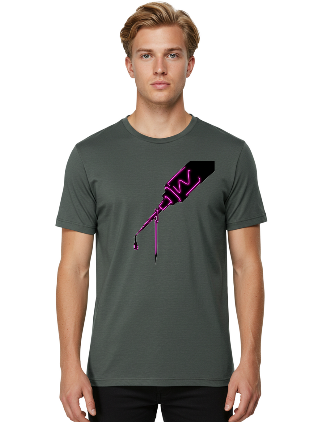 Pink-Dropper Men'S Graphic Tee, 100% Cotton, Comfortable Casual Summer Wear, Machine Washable, Pink Neon Dropper Bottle, Glowing Liquid, Medical Bottle, Pink Glow, Single Drop, Neon Lights, Modern Design, Futuristic Style Bad428