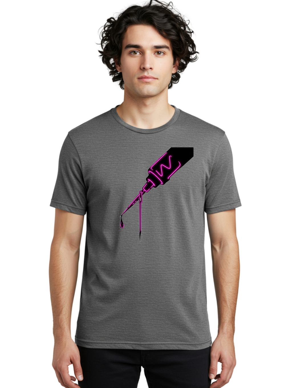 Pink-Dropper Men'S Graphic Tee, 100% Cotton, Comfortable Casual Summer Wear, Machine Washable, Pink Neon Dropper Bottle, Glowing Liquid, Medical Bottle, Pink Glow, Single Drop, Neon Lights, Modern Design, Futuristic Style Bad428