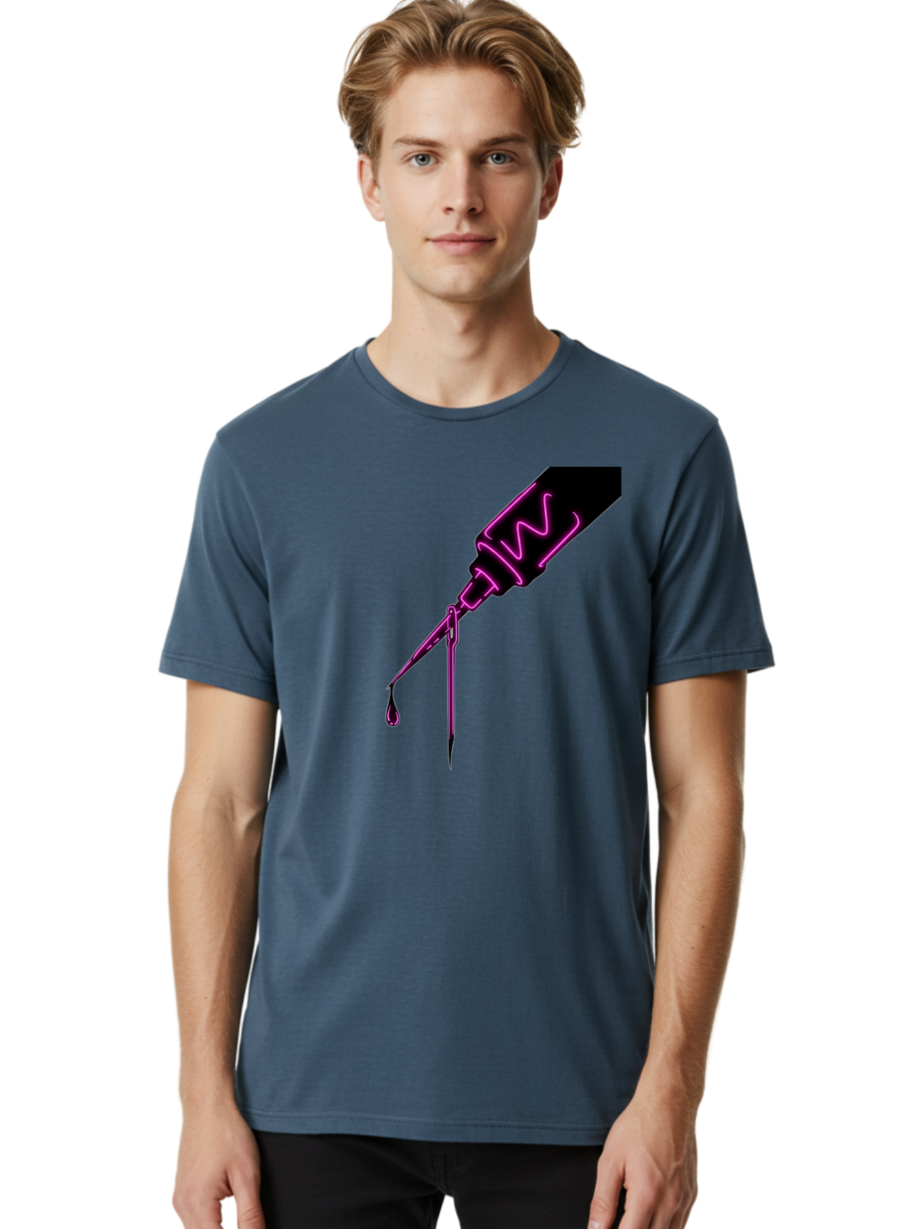 Pink-Dropper Men'S Graphic Tee, 100% Cotton, Comfortable Casual Summer Wear, Machine Washable, Pink Neon Dropper Bottle, Glowing Liquid, Medical Bottle, Pink Glow, Single Drop, Neon Lights, Modern Design, Futuristic Style Bad428