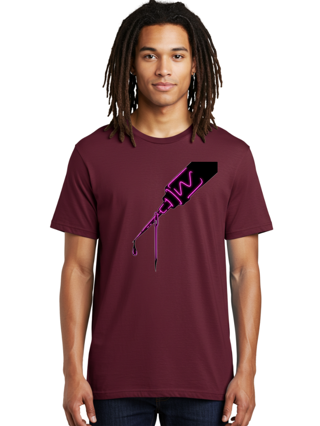 Pink-Dropper Men'S Graphic Tee, 100% Cotton, Comfortable Casual Summer Wear, Machine Washable, Pink Neon Dropper Bottle, Glowing Liquid, Medical Bottle, Pink Glow, Single Drop, Neon Lights, Modern Design, Futuristic Style Bad428