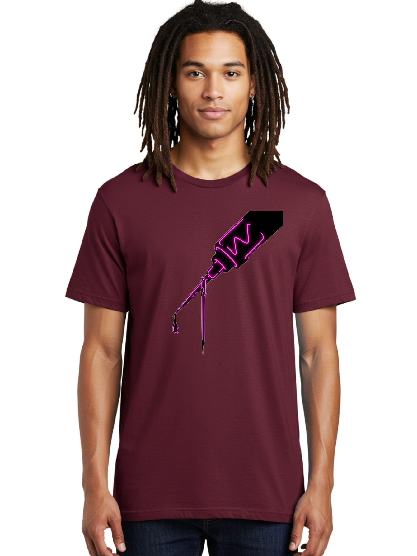 Pink-Dropper Men'S Graphic Tee, 100% Cotton, Comfortable Casual Summer Wear, Machine Washable, Pink Neon Dropper Bottle, Glowing Liquid, Medical Bottle, Pink Glow, Single Drop, Neon Lights, Modern Design, Futuristic Style Bad428