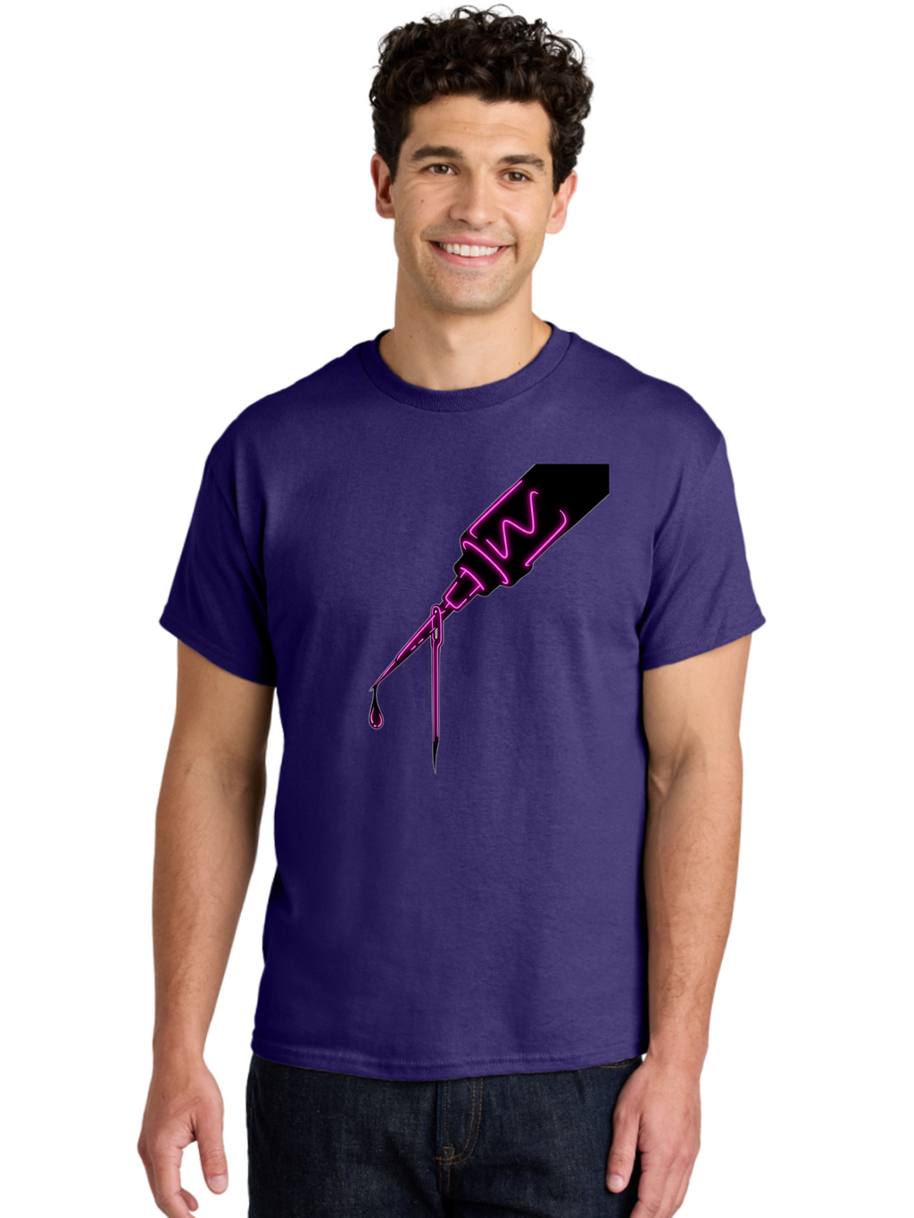 Pink-Dropper Men'S Graphic Tee, 100% Cotton, Comfortable Casual Summer Wear, Machine Washable, Pink Neon Dropper Bottle, Glowing Liquid, Medical Bottle, Pink Glow, Single Drop, Neon Lights, Modern Design, Futuristic Style Bad428
