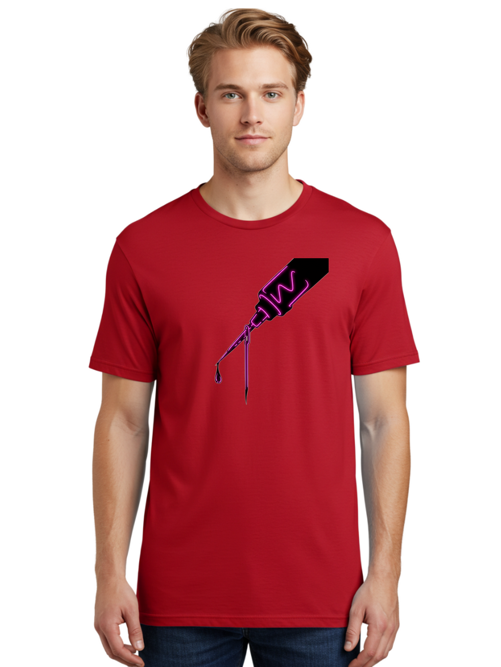 Pink-Dropper Men'S Graphic Tee, 100% Cotton, Comfortable Casual Summer Wear, Machine Washable, Pink Neon Dropper Bottle, Glowing Liquid, Medical Bottle, Pink Glow, Single Drop, Neon Lights, Modern Design, Futuristic Style Bad428