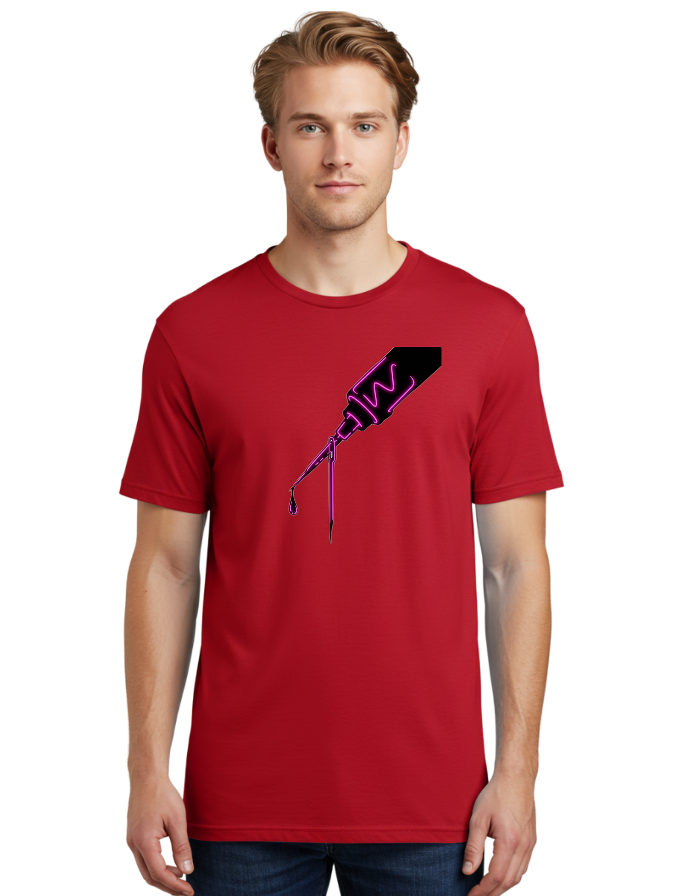Pink-Dropper Men'S Graphic Tee, 100% Cotton, Comfortable Casual Summer Wear, Machine Washable, Pink Neon Dropper Bottle, Glowing Liquid, Medical Bottle, Pink Glow, Single Drop, Neon Lights, Modern Design, Futuristic Style Bad428