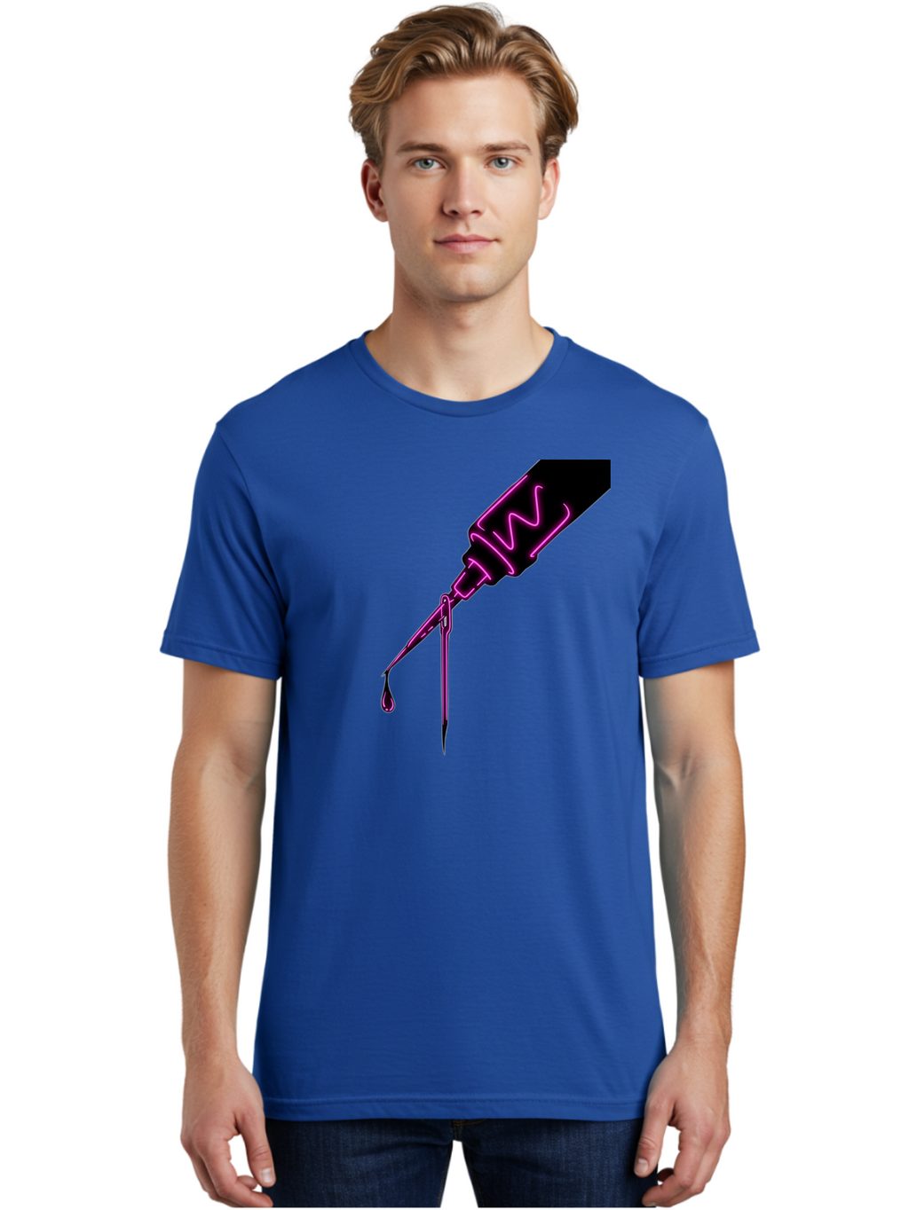 Pink-Dropper Men'S Graphic Tee, 100% Cotton, Comfortable Casual Summer Wear, Machine Washable, Pink Neon Dropper Bottle, Glowing Liquid, Medical Bottle, Pink Glow, Single Drop, Neon Lights, Modern Design, Futuristic Style Bad428