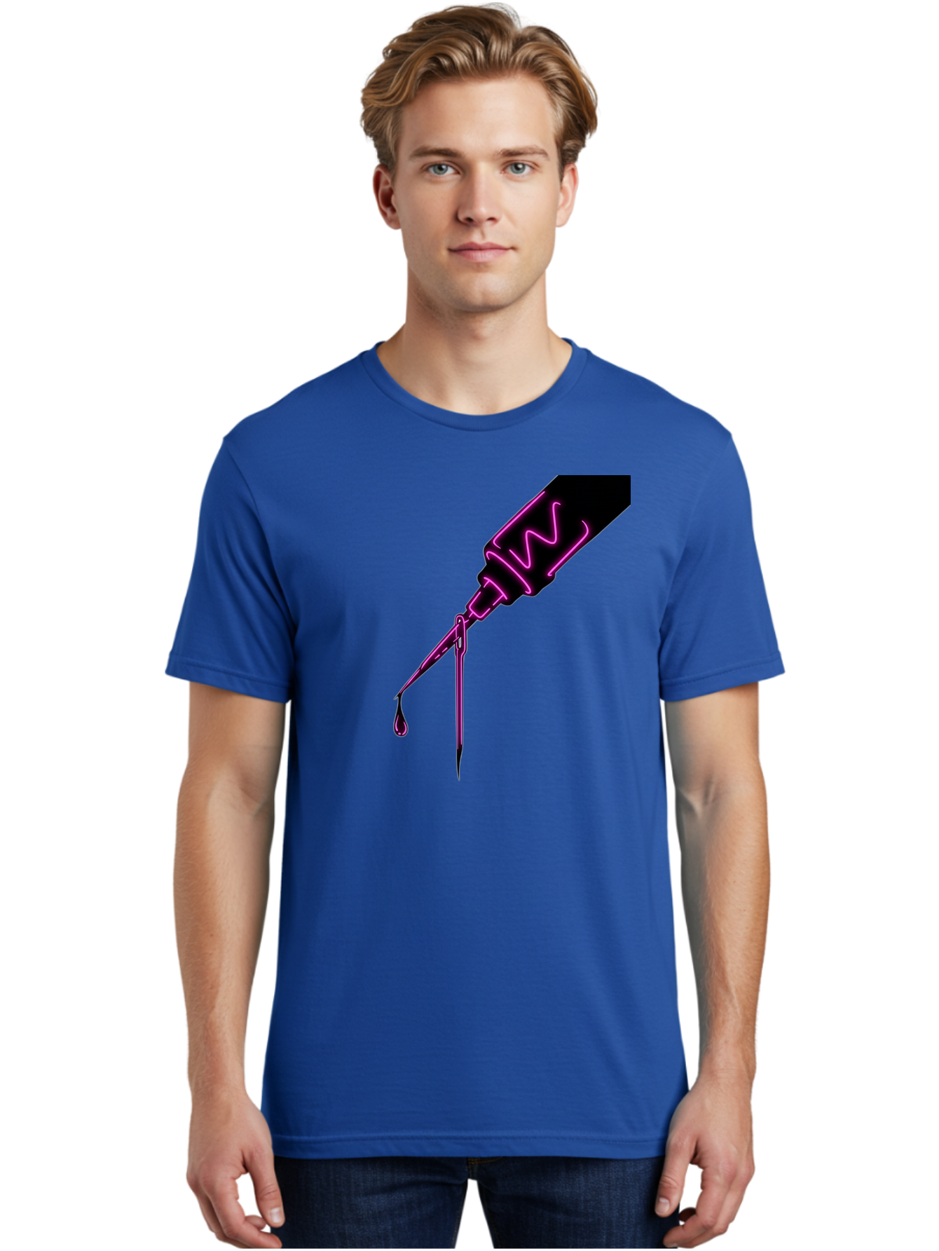 Pink-Dropper Men'S Graphic Tee, 100% Cotton, Comfortable Casual Summer Wear, Machine Washable, Pink Neon Dropper Bottle, Glowing Liquid, Medical Bottle, Pink Glow, Single Drop, Neon Lights, Modern Design, Futuristic Style Bad428