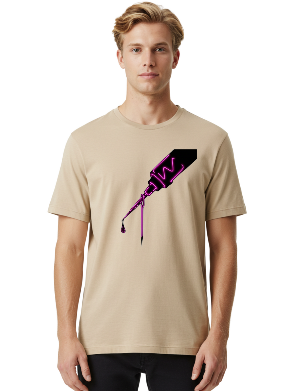 Pink-Dropper Men'S Graphic Tee, 100% Cotton, Comfortable Casual Summer Wear, Machine Washable, Pink Neon Dropper Bottle, Glowing Liquid, Medical Bottle, Pink Glow, Single Drop, Neon Lights, Modern Design, Futuristic Style Bad428