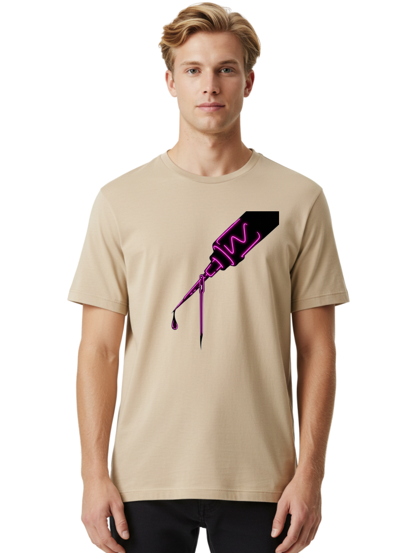 Pink-Dropper Men'S Graphic Tee, 100% Cotton, Comfortable Casual Summer Wear, Machine Washable, Pink Neon Dropper Bottle, Glowing Liquid, Medical Bottle, Pink Glow, Single Drop, Neon Lights, Modern Design, Futuristic Style Bad428