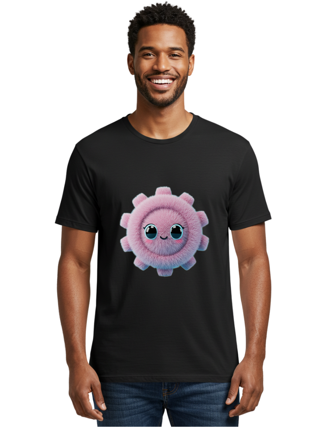 Pink-Fuzzy-Gear Men'S Graphic Tee, 100% Cotton, Comfortable Casual Summer Wear, Machine Washable, Cute Cartoon Character, Fluffy Virus, Pink And Purple Hues, Smiling Face, Big Eyes, Whimsical Design, Funny Illustration, Soft Texture, Bad429