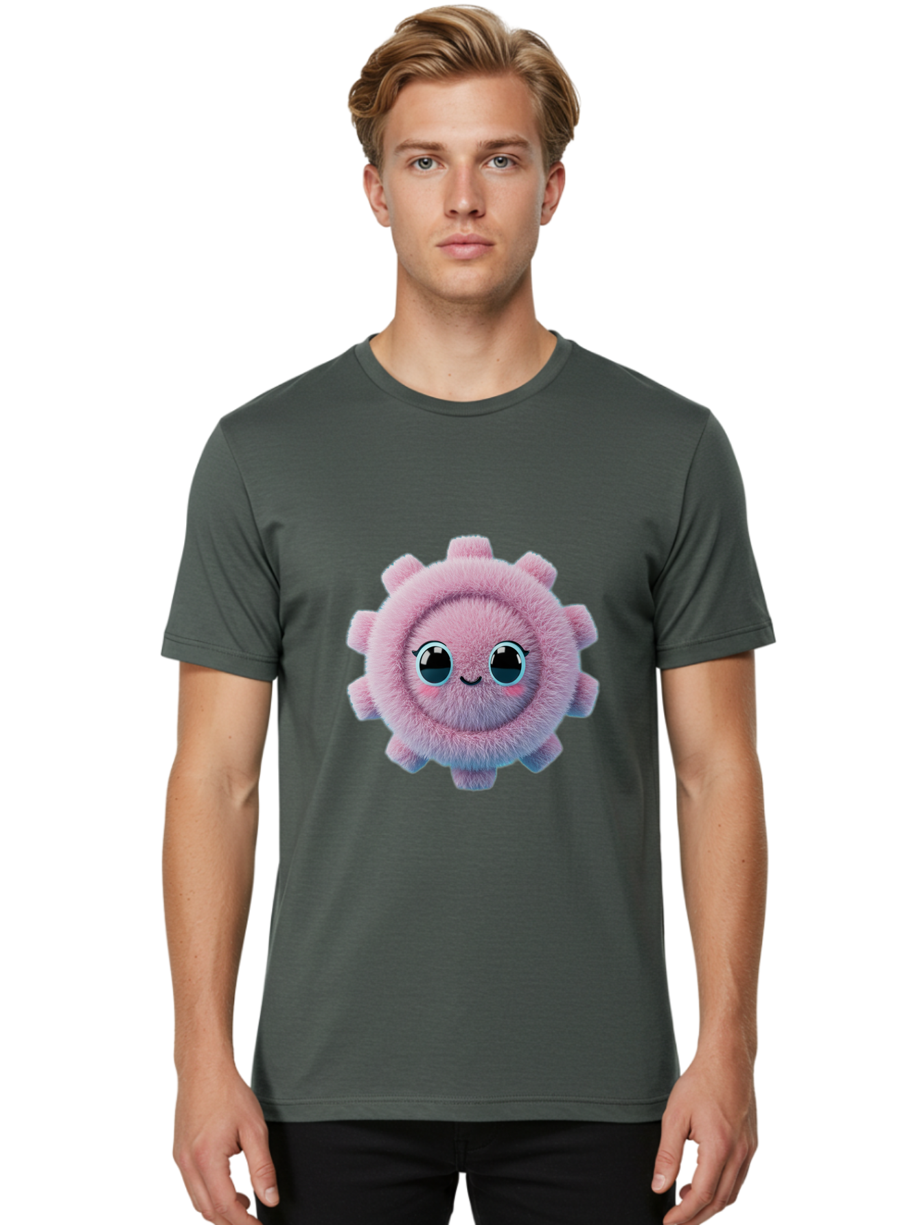 Pink-Fuzzy-Gear Men'S Graphic Tee, 100% Cotton, Comfortable Casual Summer Wear, Machine Washable, Cute Cartoon Character, Fluffy Virus, Pink And Purple Hues, Smiling Face, Big Eyes, Whimsical Design, Funny Illustration, Soft Texture, Bad429