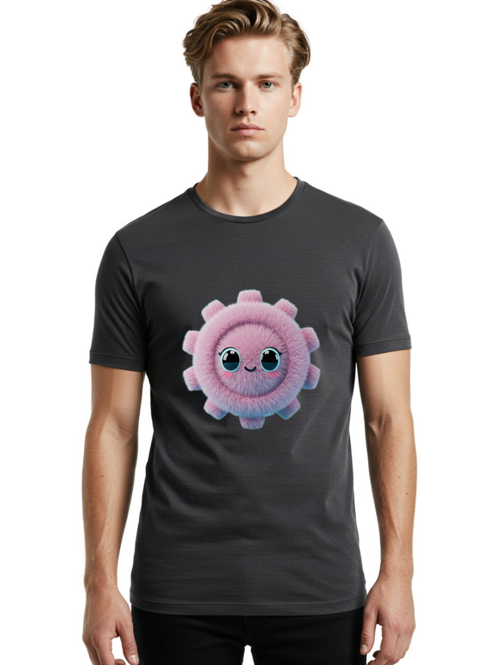 Pink-Fuzzy-Gear Men'S Graphic Tee, 100% Cotton, Comfortable Casual Summer Wear, Machine Washable, Cute Cartoon Character, Fluffy Virus, Pink And Purple Hues, Smiling Face, Big Eyes, Whimsical Design, Funny Illustration, Soft Texture, Bad429
