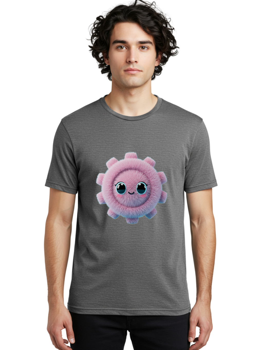 Pink-Fuzzy-Gear Men'S Graphic Tee, 100% Cotton, Comfortable Casual Summer Wear, Machine Washable, Cute Cartoon Character, Fluffy Virus, Pink And Purple Hues, Smiling Face, Big Eyes, Whimsical Design, Funny Illustration, Soft Texture, Bad429