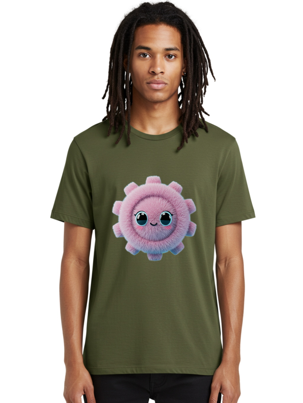 Pink-Fuzzy-Gear Men'S Graphic Tee, 100% Cotton, Comfortable Casual Summer Wear, Machine Washable, Cute Cartoon Character, Fluffy Virus, Pink And Purple Hues, Smiling Face, Big Eyes, Whimsical Design, Funny Illustration, Soft Texture, Bad429