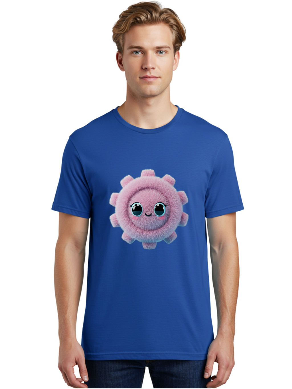 Pink-Fuzzy-Gear Men'S Graphic Tee, 100% Cotton, Comfortable Casual Summer Wear, Machine Washable, Cute Cartoon Character, Fluffy Virus, Pink And Purple Hues, Smiling Face, Big Eyes, Whimsical Design, Funny Illustration, Soft Texture, Bad429