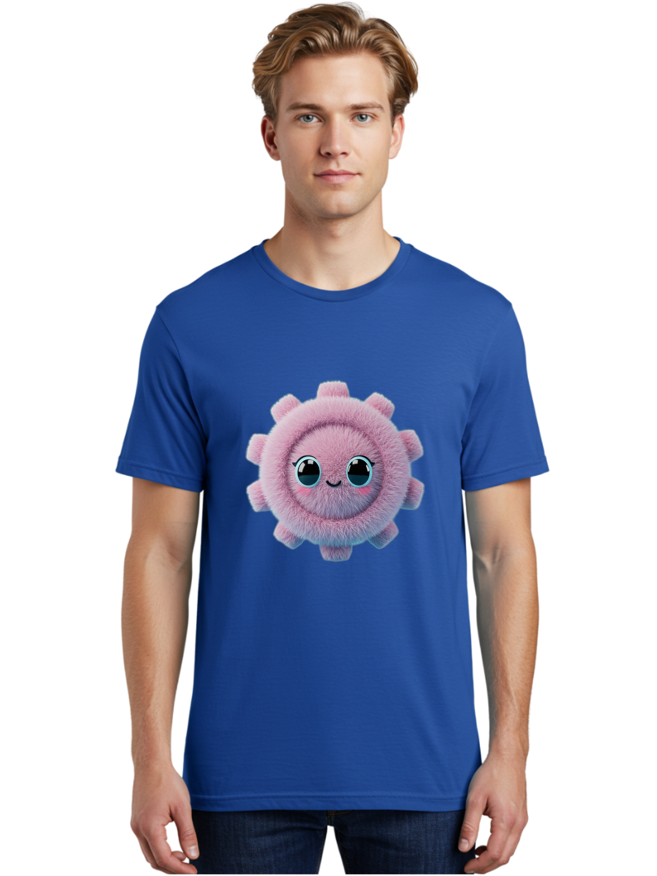 Pink-Fuzzy-Gear Men'S Graphic Tee, 100% Cotton, Comfortable Casual Summer Wear, Machine Washable, Cute Cartoon Character, Fluffy Virus, Pink And Purple Hues, Smiling Face, Big Eyes, Whimsical Design, Funny Illustration, Soft Texture, Bad429