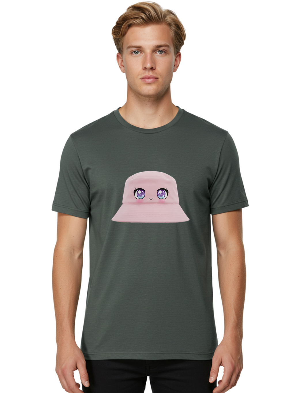 Pink-Hat Men'S Graphic Tee, 100% Cotton, Comfortable Casual Summer Wear, Machine Washable, Kawaii Fashion, Pink Baseball Cap, Cartoon Eyes, Cute Face, Kawaii Accessories, Pastel Fashion, Cute Hats, Fashion Trends, Kawaii Style Bad430