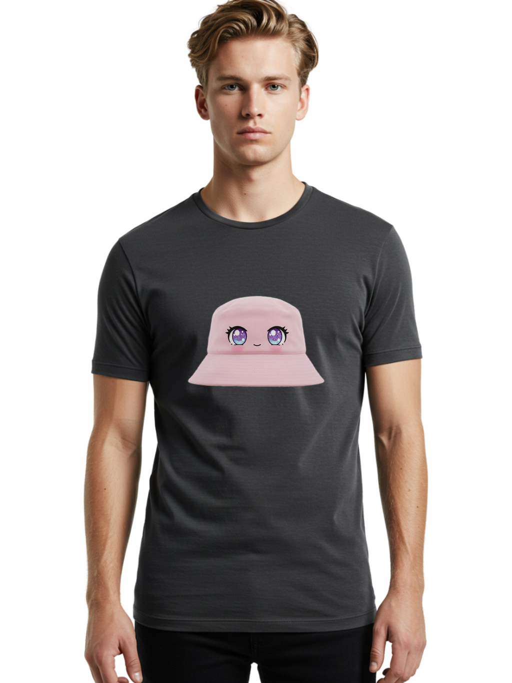 Pink-Hat Men'S Graphic Tee, 100% Cotton, Comfortable Casual Summer Wear, Machine Washable, Kawaii Fashion, Pink Baseball Cap, Cartoon Eyes, Cute Face, Kawaii Accessories, Pastel Fashion, Cute Hats, Fashion Trends, Kawaii Style Bad430