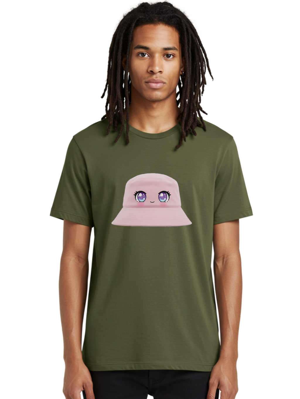 Pink-Hat Men'S Graphic Tee, 100% Cotton, Comfortable Casual Summer Wear, Machine Washable, Kawaii Fashion, Pink Baseball Cap, Cartoon Eyes, Cute Face, Kawaii Accessories, Pastel Fashion, Cute Hats, Fashion Trends, Kawaii Style Bad430