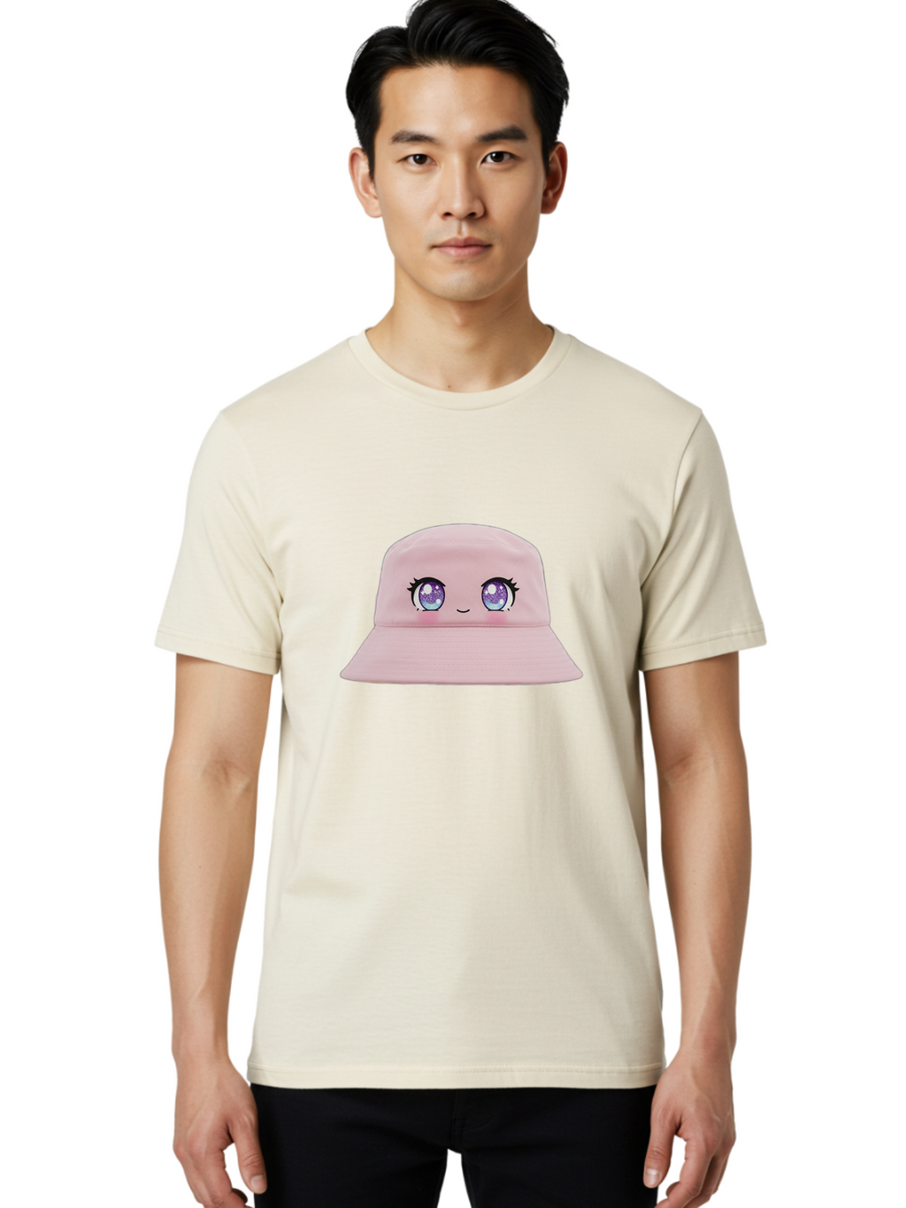 Pink-Hat Men'S Graphic Tee, 100% Cotton, Comfortable Casual Summer Wear, Machine Washable, Kawaii Fashion, Pink Baseball Cap, Cartoon Eyes, Cute Face, Kawaii Accessories, Pastel Fashion, Cute Hats, Fashion Trends, Kawaii Style Bad430