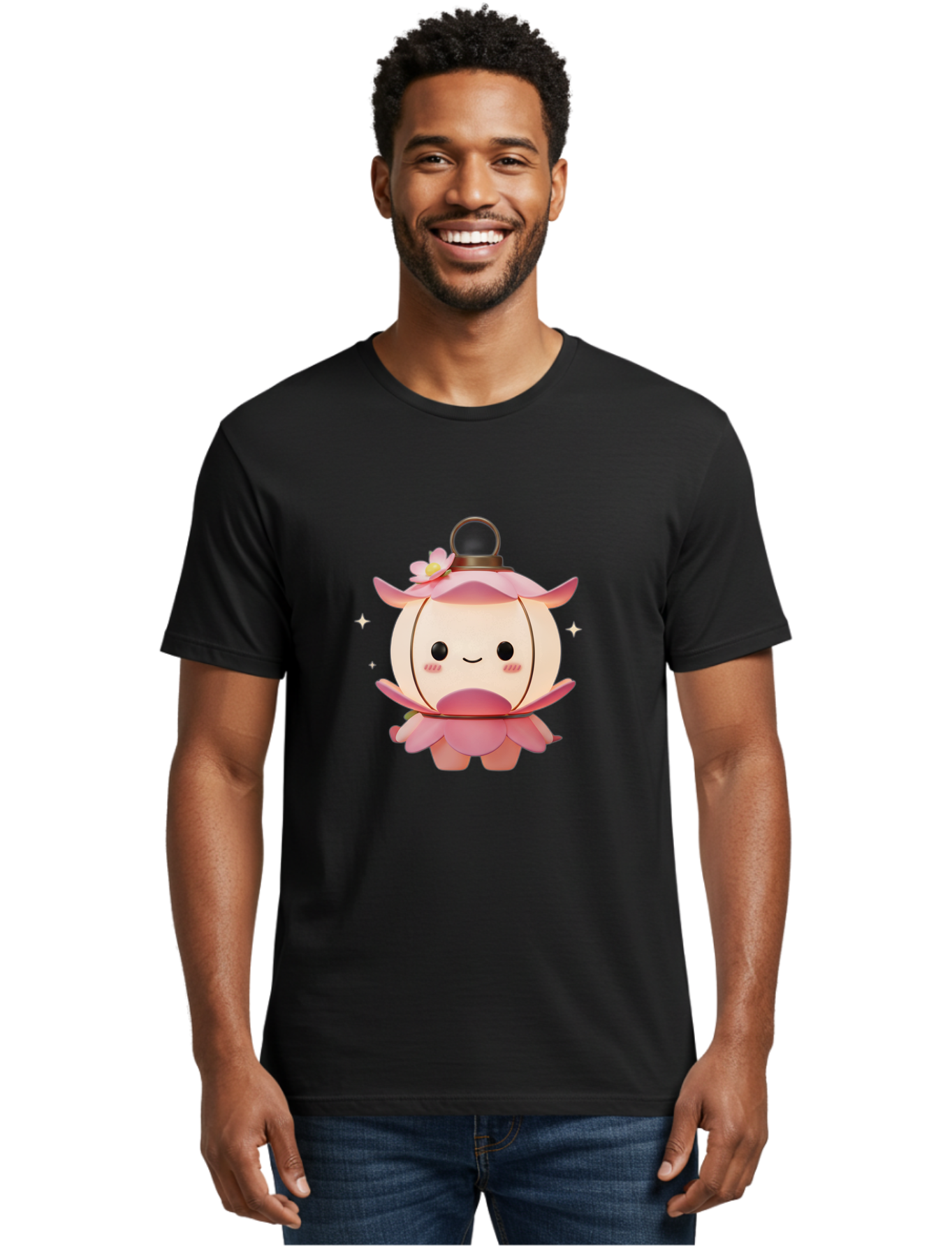 Pink-Lantern-Creature Men'S Graphic Tee, 100% Cotton, Comfortable Casual Summer Wear, Machine Washable, Cartoon Character, Pink Lantern, Fantasy Creature, Kawaii Art, Digital Illustration, Anime Style, Cute Face, Smiling, Rosy Cheeks, Bad431