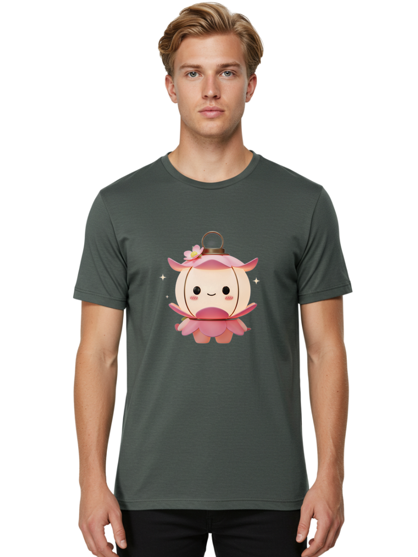Pink-Lantern-Creature Men'S Graphic Tee, 100% Cotton, Comfortable Casual Summer Wear, Machine Washable, Cartoon Character, Pink Lantern, Fantasy Creature, Kawaii Art, Digital Illustration, Anime Style, Cute Face, Smiling, Rosy Cheeks, Bad431