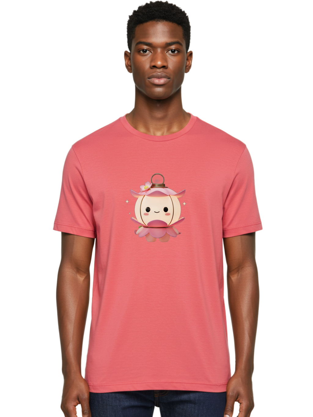 Pink-Lantern-Creature Men'S Graphic Tee, 100% Cotton, Comfortable Casual Summer Wear, Machine Washable, Cartoon Character, Pink Lantern, Fantasy Creature, Kawaii Art, Digital Illustration, Anime Style, Cute Face, Smiling, Rosy Cheeks, Bad431