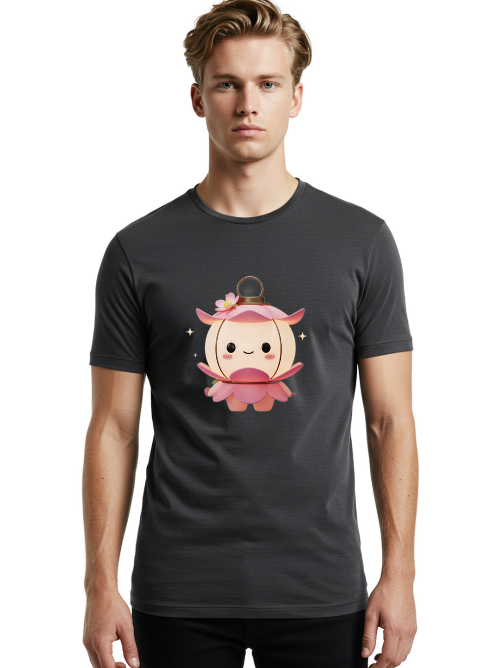 Pink-Lantern-Creature Men'S Graphic Tee, 100% Cotton, Comfortable Casual Summer Wear, Machine Washable, Cartoon Character, Pink Lantern, Fantasy Creature, Kawaii Art, Digital Illustration, Anime Style, Cute Face, Smiling, Rosy Cheeks, Bad431