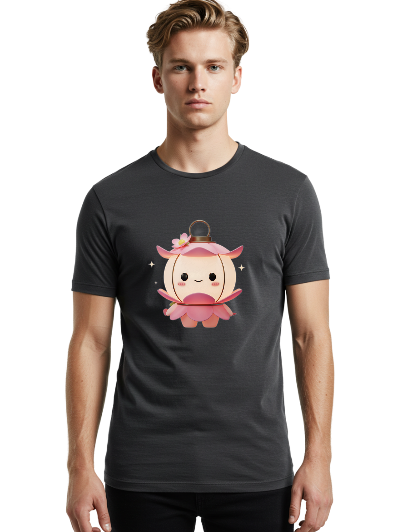 Pink-Lantern-Creature Men'S Graphic Tee, 100% Cotton, Comfortable Casual Summer Wear, Machine Washable, Cartoon Character, Pink Lantern, Fantasy Creature, Kawaii Art, Digital Illustration, Anime Style, Cute Face, Smiling, Rosy Cheeks, Bad431