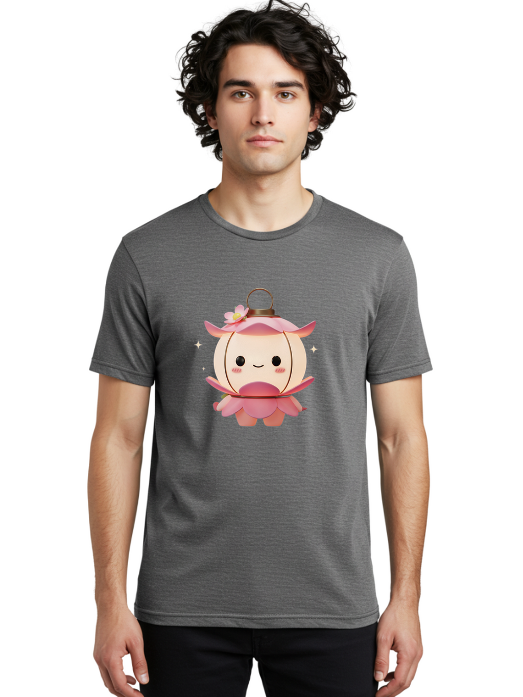Pink-Lantern-Creature Men'S Graphic Tee, 100% Cotton, Comfortable Casual Summer Wear, Machine Washable, Cartoon Character, Pink Lantern, Fantasy Creature, Kawaii Art, Digital Illustration, Anime Style, Cute Face, Smiling, Rosy Cheeks, Bad431