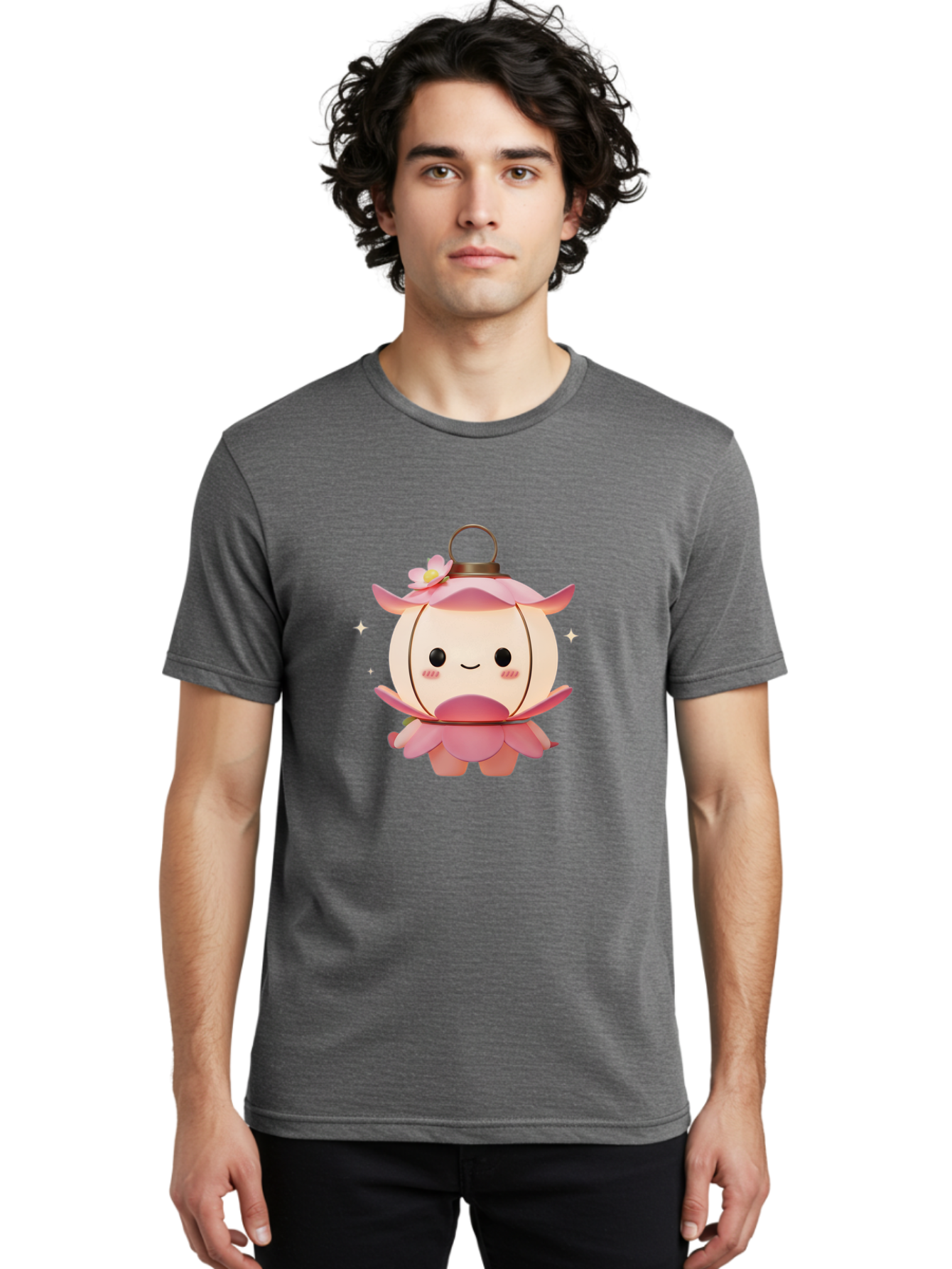 Pink-Lantern-Creature Men'S Graphic Tee, 100% Cotton, Comfortable Casual Summer Wear, Machine Washable, Cartoon Character, Pink Lantern, Fantasy Creature, Kawaii Art, Digital Illustration, Anime Style, Cute Face, Smiling, Rosy Cheeks, Bad431