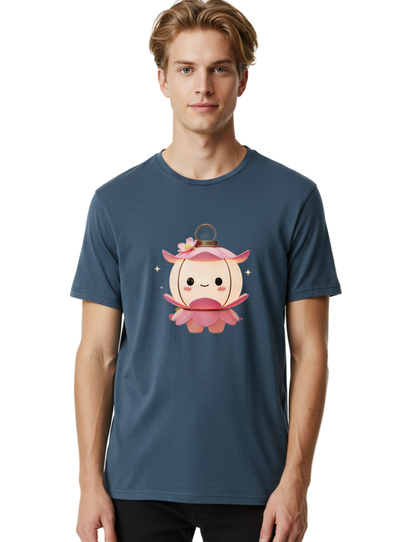 Pink-Lantern-Creature Men'S Graphic Tee, 100% Cotton, Comfortable Casual Summer Wear, Machine Washable, Cartoon Character, Pink Lantern, Fantasy Creature, Kawaii Art, Digital Illustration, Anime Style, Cute Face, Smiling, Rosy Cheeks, Bad431