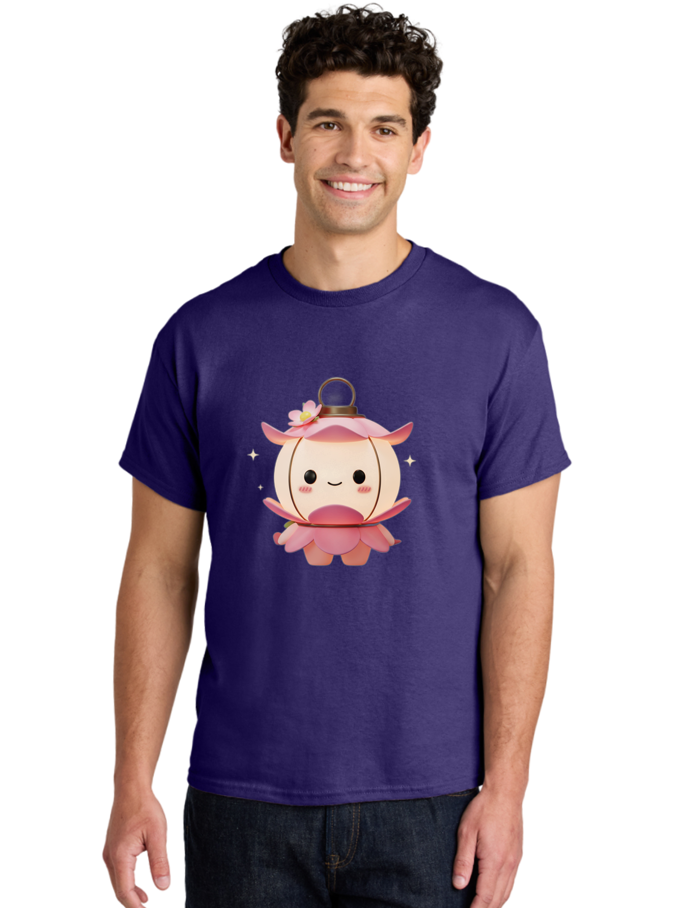 Pink-Lantern-Creature Men'S Graphic Tee, 100% Cotton, Comfortable Casual Summer Wear, Machine Washable, Cartoon Character, Pink Lantern, Fantasy Creature, Kawaii Art, Digital Illustration, Anime Style, Cute Face, Smiling, Rosy Cheeks, Bad431