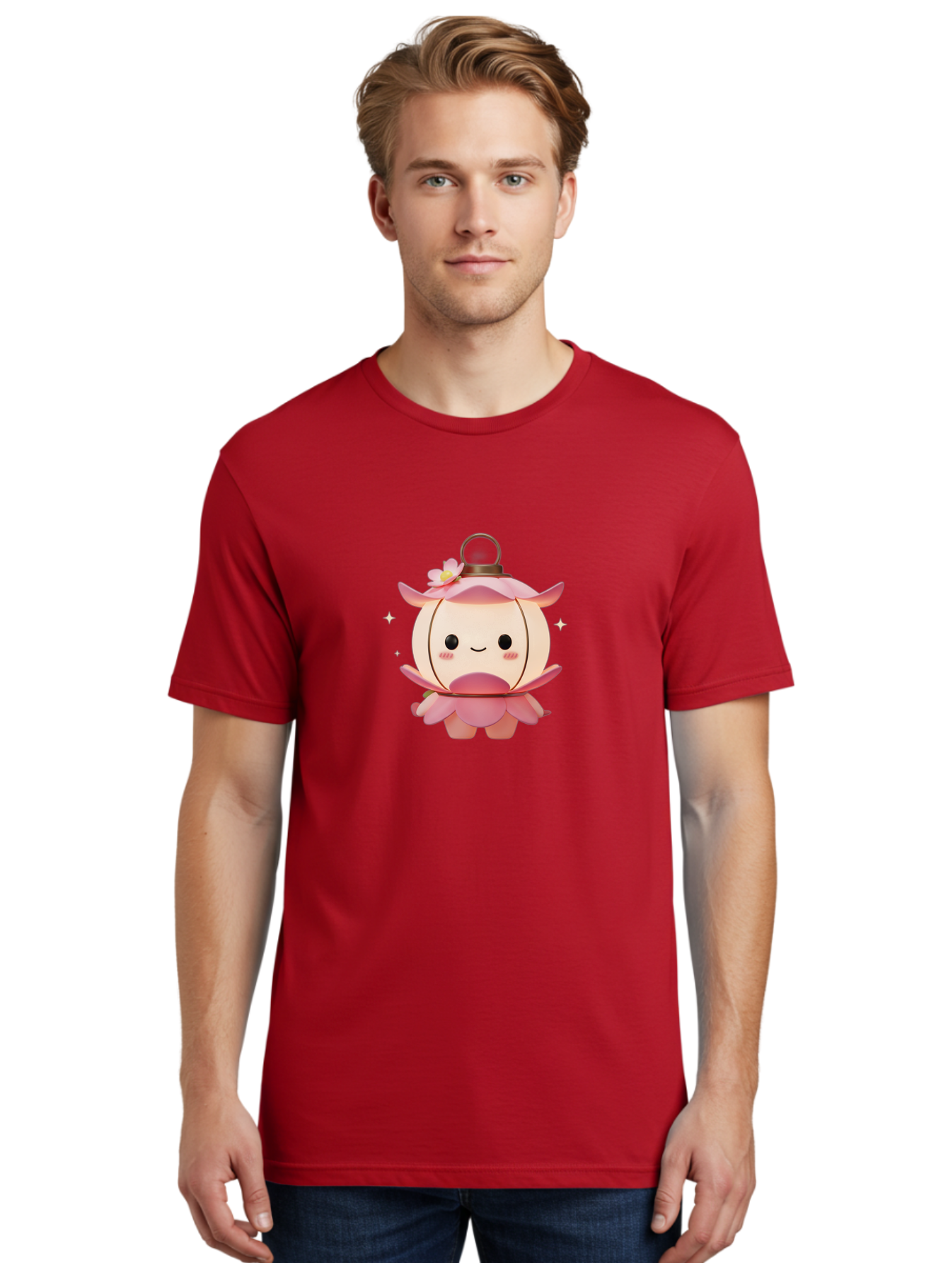 Pink-Lantern-Creature Men'S Graphic Tee, 100% Cotton, Comfortable Casual Summer Wear, Machine Washable, Cartoon Character, Pink Lantern, Fantasy Creature, Kawaii Art, Digital Illustration, Anime Style, Cute Face, Smiling, Rosy Cheeks, Bad431