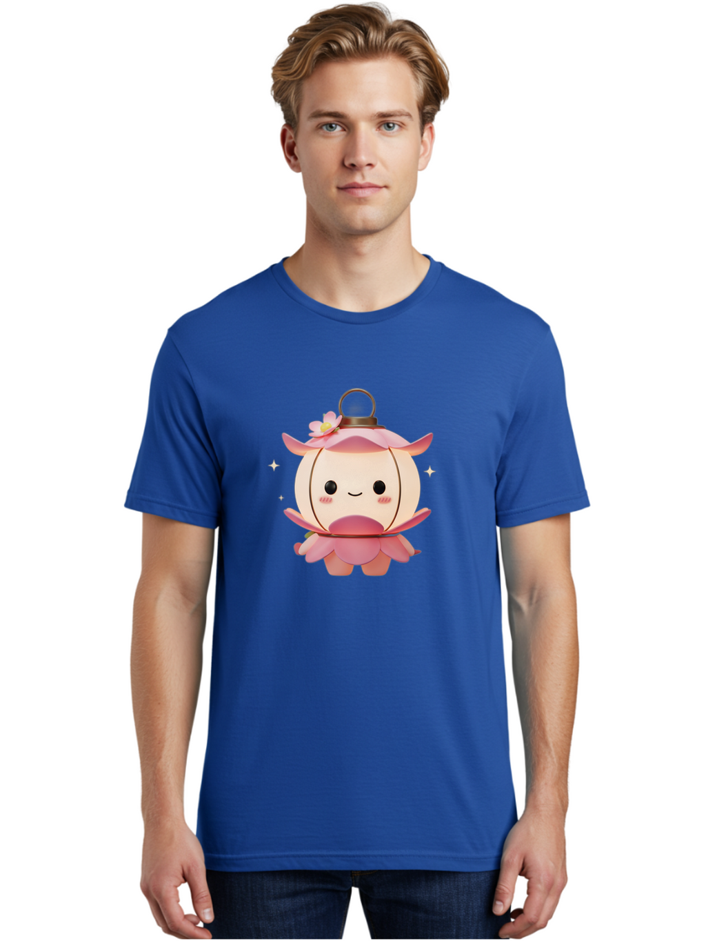 Pink-Lantern-Creature Men'S Graphic Tee, 100% Cotton, Comfortable Casual Summer Wear, Machine Washable, Cartoon Character, Pink Lantern, Fantasy Creature, Kawaii Art, Digital Illustration, Anime Style, Cute Face, Smiling, Rosy Cheeks, Bad431