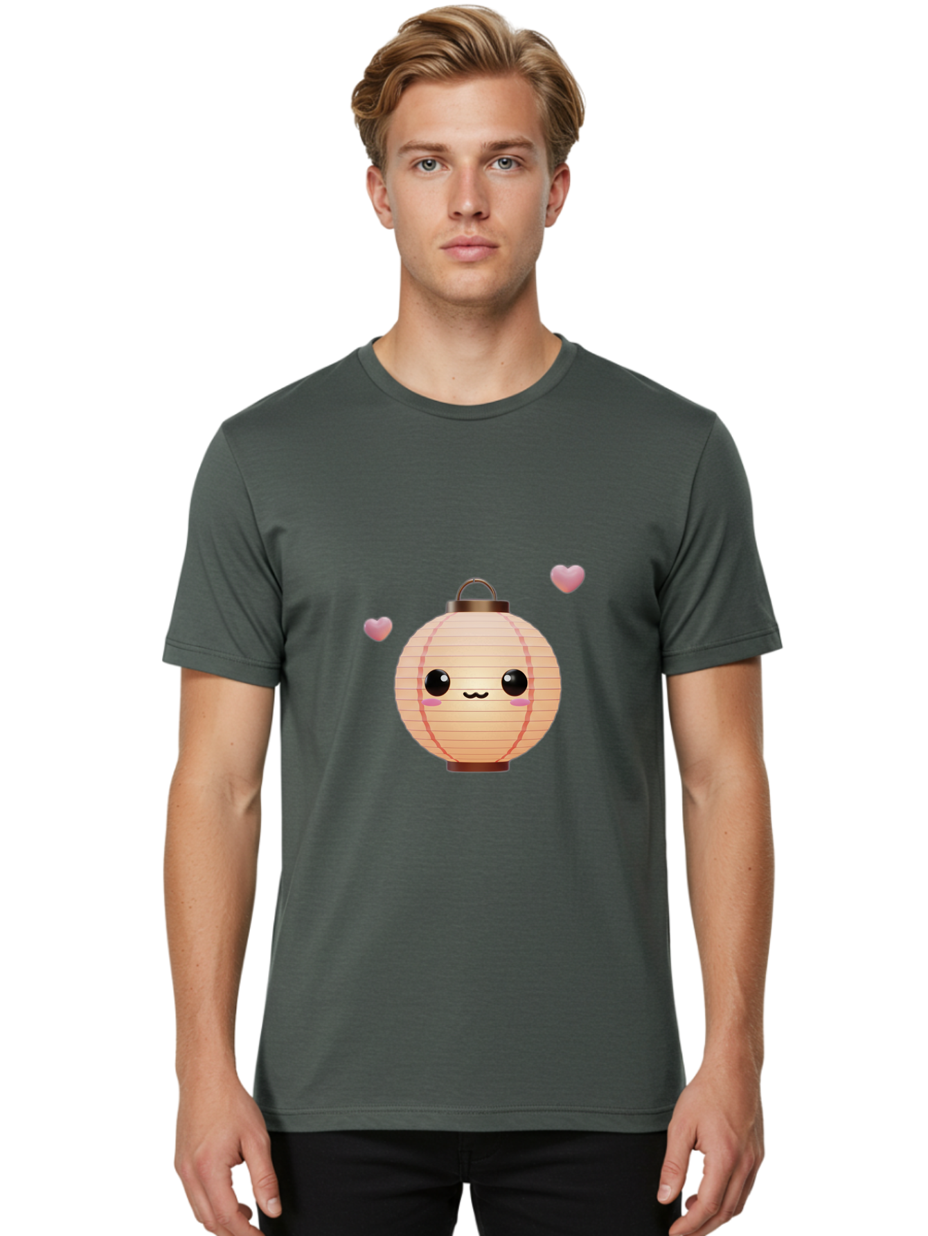 Pink-Lantern Men'S Graphic Tee, 100% Cotton, Comfortable Casual Summer Wear, Machine Washable, Kawaii Lantern, Cute Design, Heart-Shaped Elements, Pink Hearts, Digital Illustration, Cartoon Style, Adorable Character, Pink Lantern Bad432