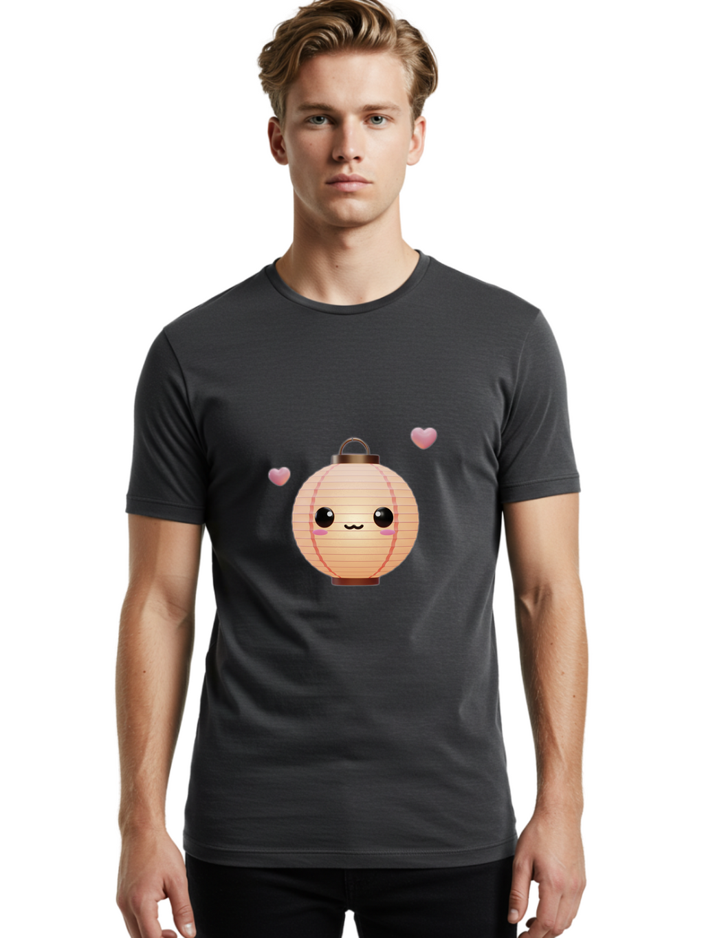 Pink-Lantern Men'S Graphic Tee, 100% Cotton, Comfortable Casual Summer Wear, Machine Washable, Kawaii Lantern, Cute Design, Heart-Shaped Elements, Pink Hearts, Digital Illustration, Cartoon Style, Adorable Character, Pink Lantern Bad432