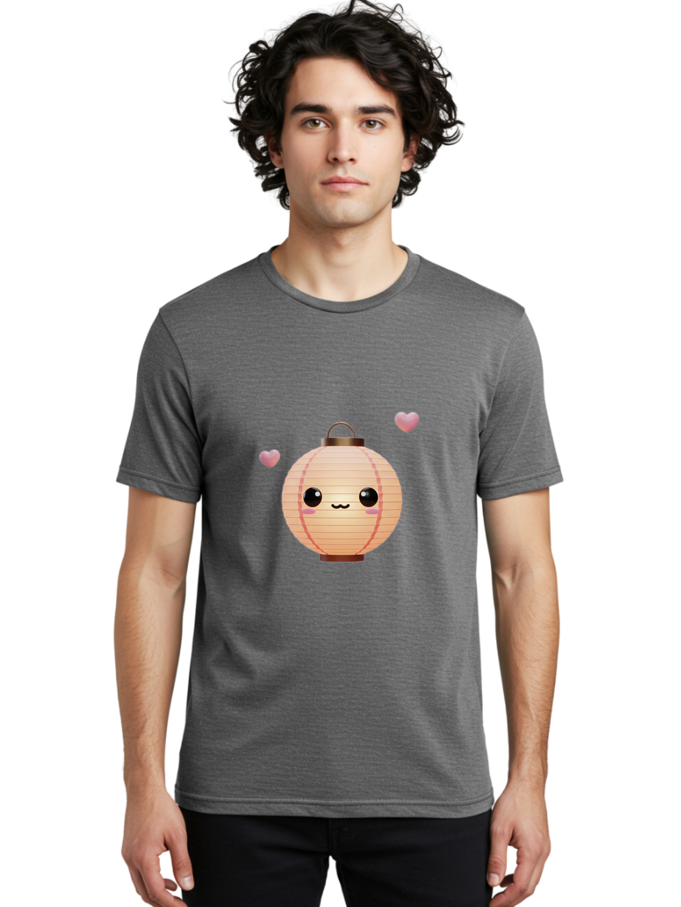 Pink-Lantern Men'S Graphic Tee, 100% Cotton, Comfortable Casual Summer Wear, Machine Washable, Kawaii Lantern, Cute Design, Heart-Shaped Elements, Pink Hearts, Digital Illustration, Cartoon Style, Adorable Character, Pink Lantern Bad432
