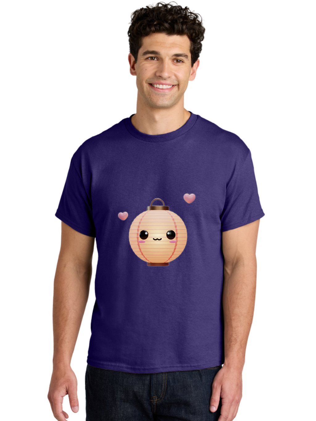 Pink-Lantern Men'S Graphic Tee, 100% Cotton, Comfortable Casual Summer Wear, Machine Washable, Kawaii Lantern, Cute Design, Heart-Shaped Elements, Pink Hearts, Digital Illustration, Cartoon Style, Adorable Character, Pink Lantern Bad432