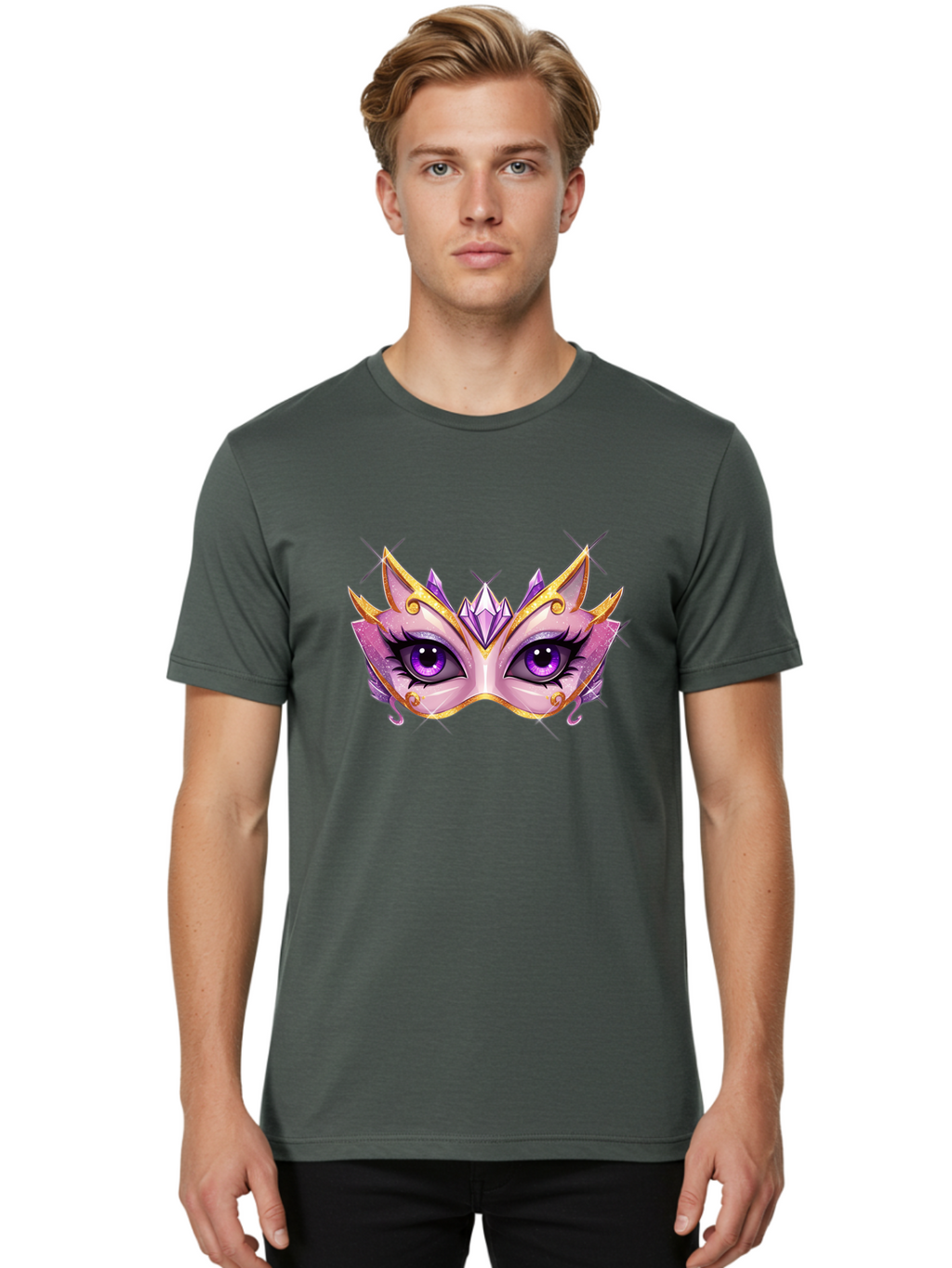 Pink-Mask Men'S Graphic Tee, 100% Cotton, Comfortable Casual Summer Wear, Machine Washable, Masquerade Mask, Purple Eyes, Gold Trim, Luxury Design, Mysterious Gaze, Decorative Mask, Elegant Face Mask, Carnival Accessory Bad433