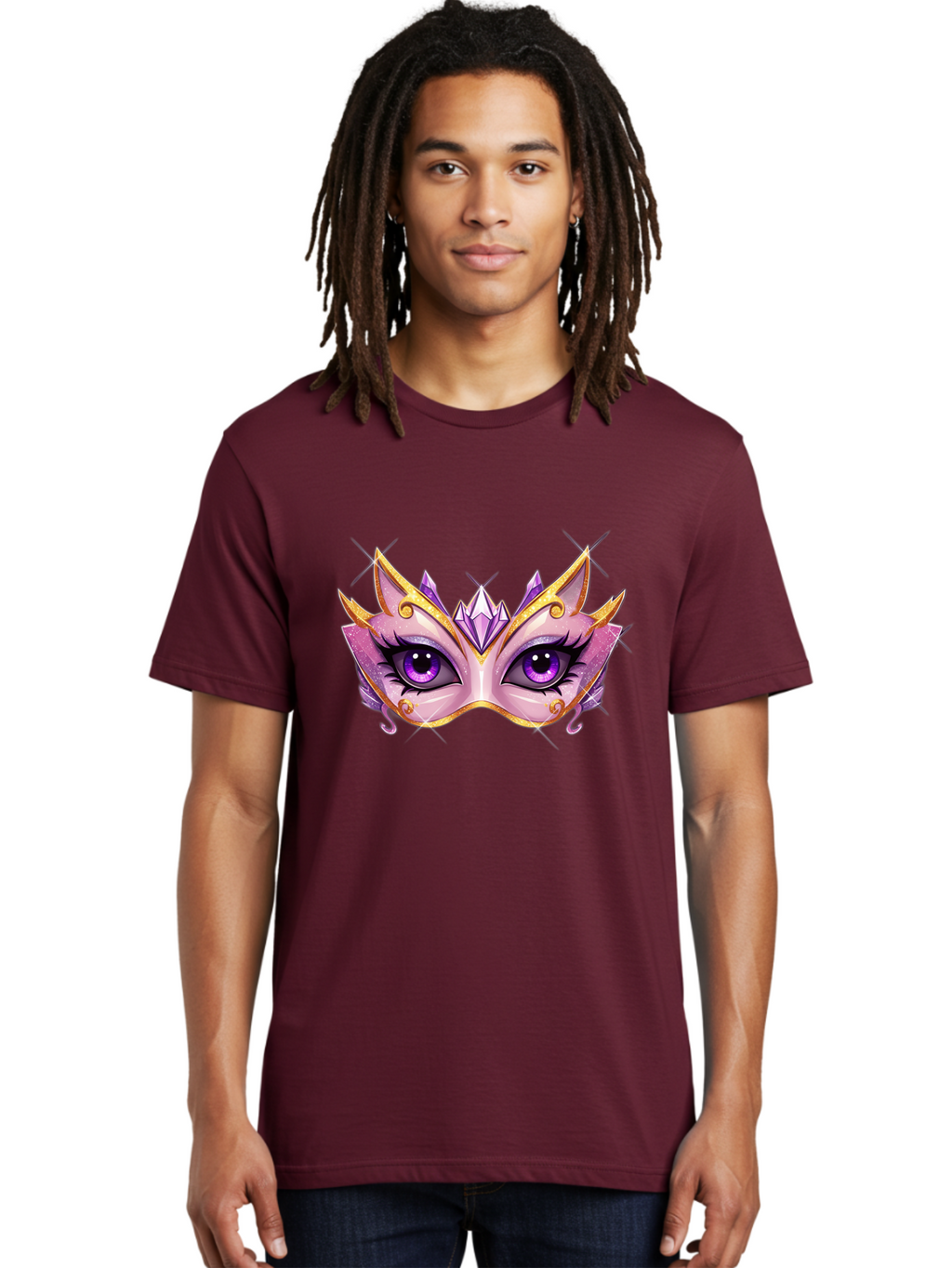 Pink-Mask Men'S Graphic Tee, 100% Cotton, Comfortable Casual Summer Wear, Machine Washable, Masquerade Mask, Purple Eyes, Gold Trim, Luxury Design, Mysterious Gaze, Decorative Mask, Elegant Face Mask, Carnival Accessory Bad433