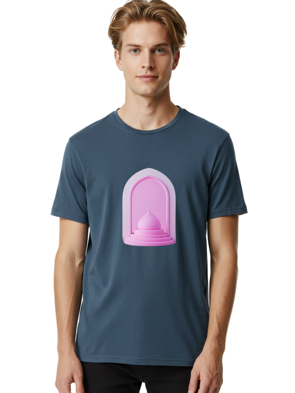 Pink-Mosque-Dome Men'S Graphic Tee, 100% Cotton, Comfortable Casual Summer Wear, Machine Washable, Islamic Architecture, Dome With Crescent Moon, Minimalistic Design, Modern Islamic Art, Religious Symbol, Serene Ambiance, Cultural Heritage Bad434