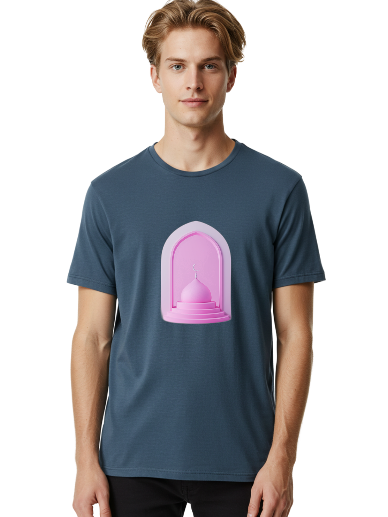 Pink-Mosque-Dome Men'S Graphic Tee, 100% Cotton, Comfortable Casual Summer Wear, Machine Washable, Islamic Architecture, Dome With Crescent Moon, Minimalistic Design, Modern Islamic Art, Religious Symbol, Serene Ambiance, Cultural Heritage Bad434