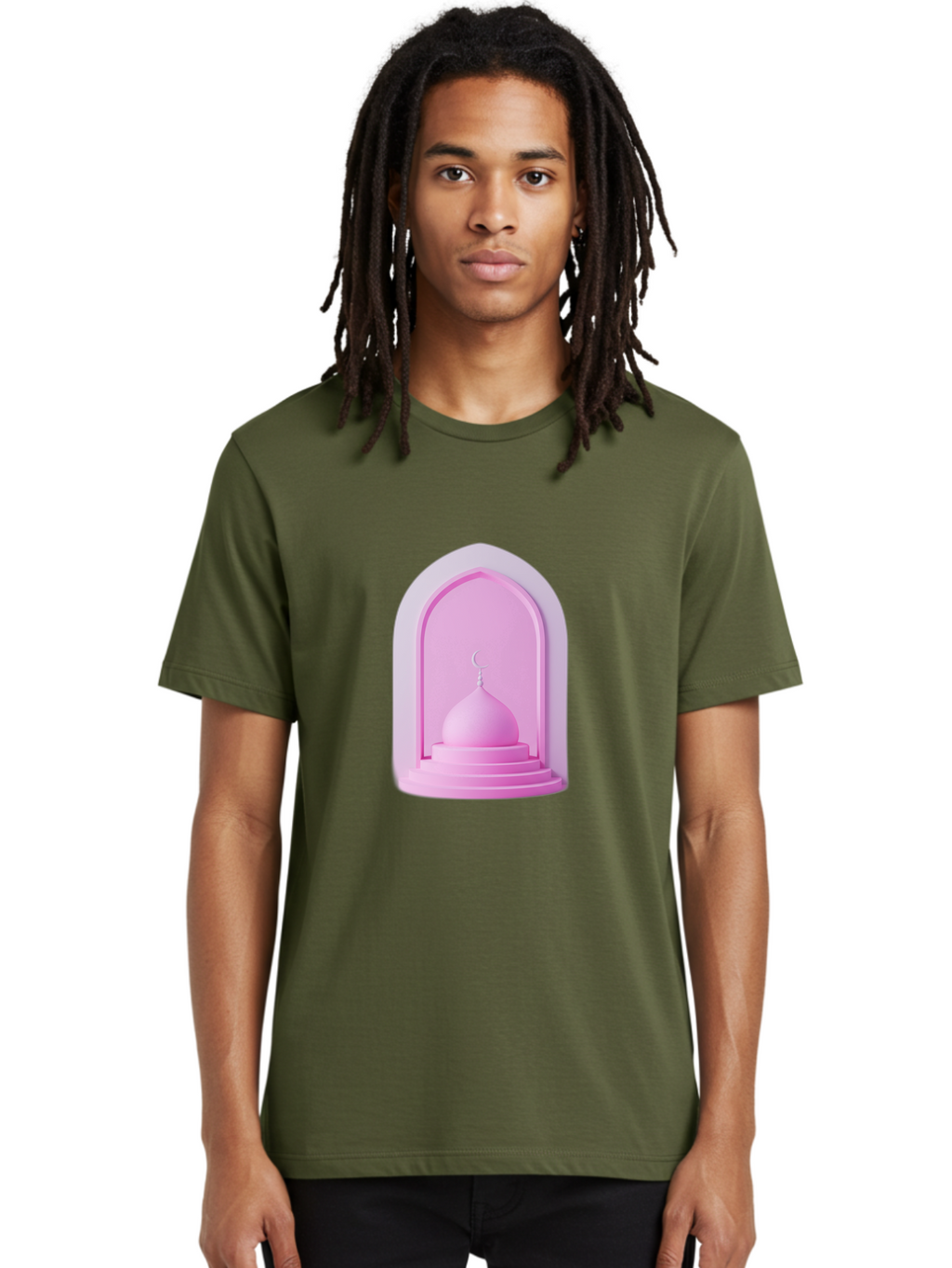 Pink-Mosque-Dome Men'S Graphic Tee, 100% Cotton, Comfortable Casual Summer Wear, Machine Washable, Islamic Architecture, Dome With Crescent Moon, Minimalistic Design, Modern Islamic Art, Religious Symbol, Serene Ambiance, Cultural Heritage Bad434