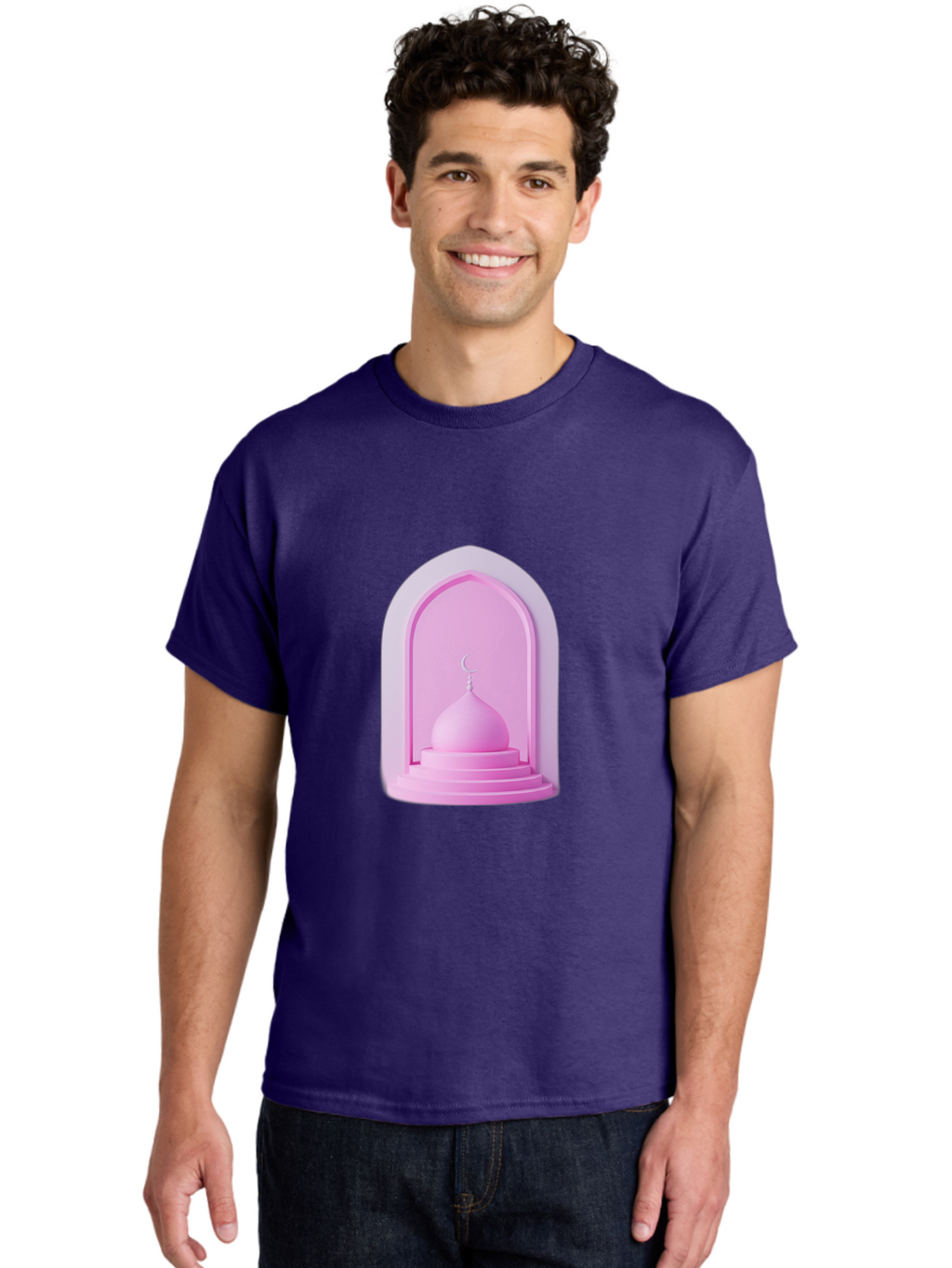 Pink-Mosque-Dome Men'S Graphic Tee, 100% Cotton, Comfortable Casual Summer Wear, Machine Washable, Islamic Architecture, Dome With Crescent Moon, Minimalistic Design, Modern Islamic Art, Religious Symbol, Serene Ambiance, Cultural Heritage Bad434