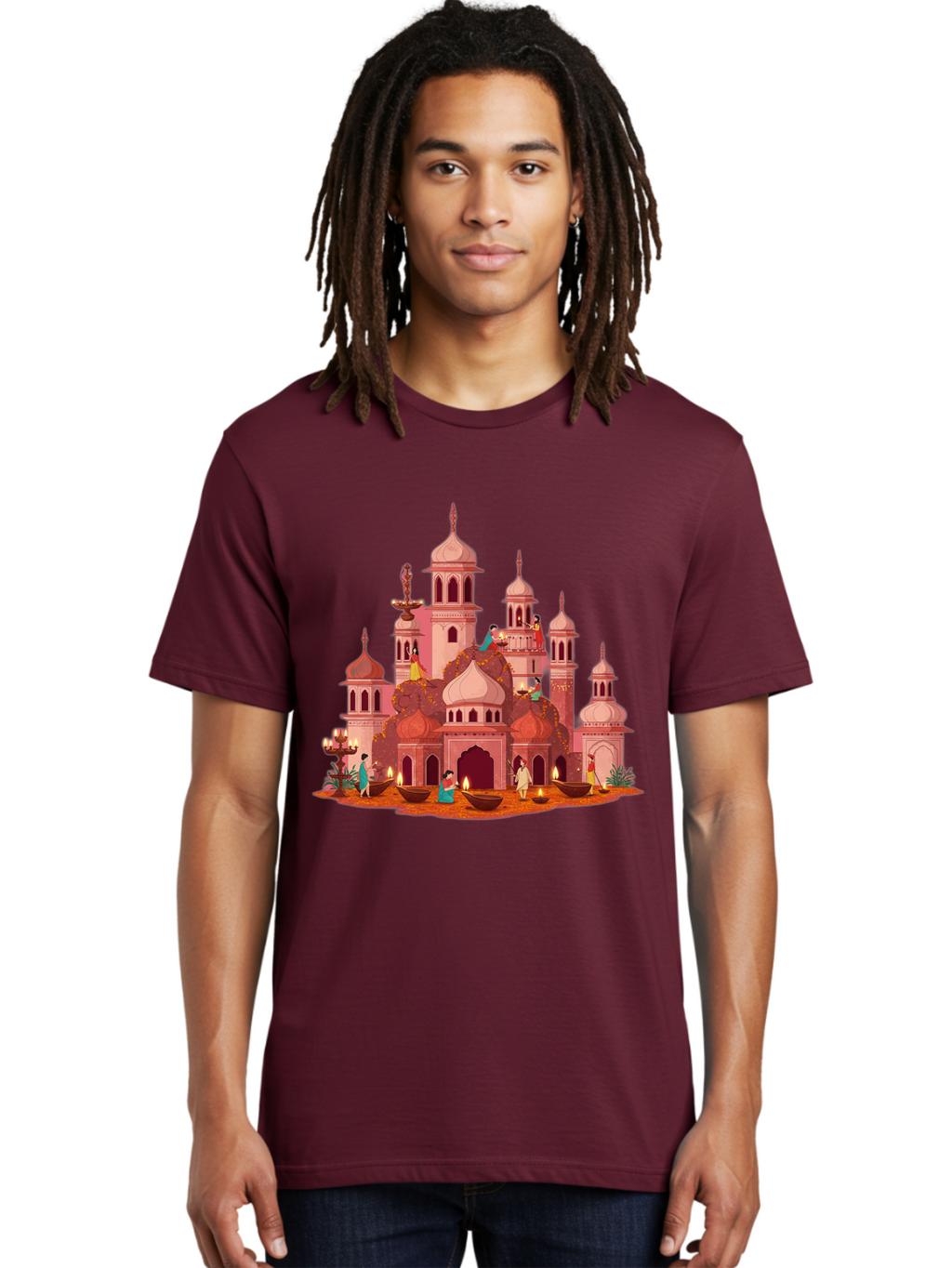Pink-Palace Men'S Graphic Tee, 100% Cotton, Comfortable Casual Summer Wear, Machine Washable, Pink Castle, Royal Architecture, Ornate Towers, Domed Roofs, People In Traditional Attire, Serene Atmosphere, Lit Candles, Bronze Bowls, Bad435