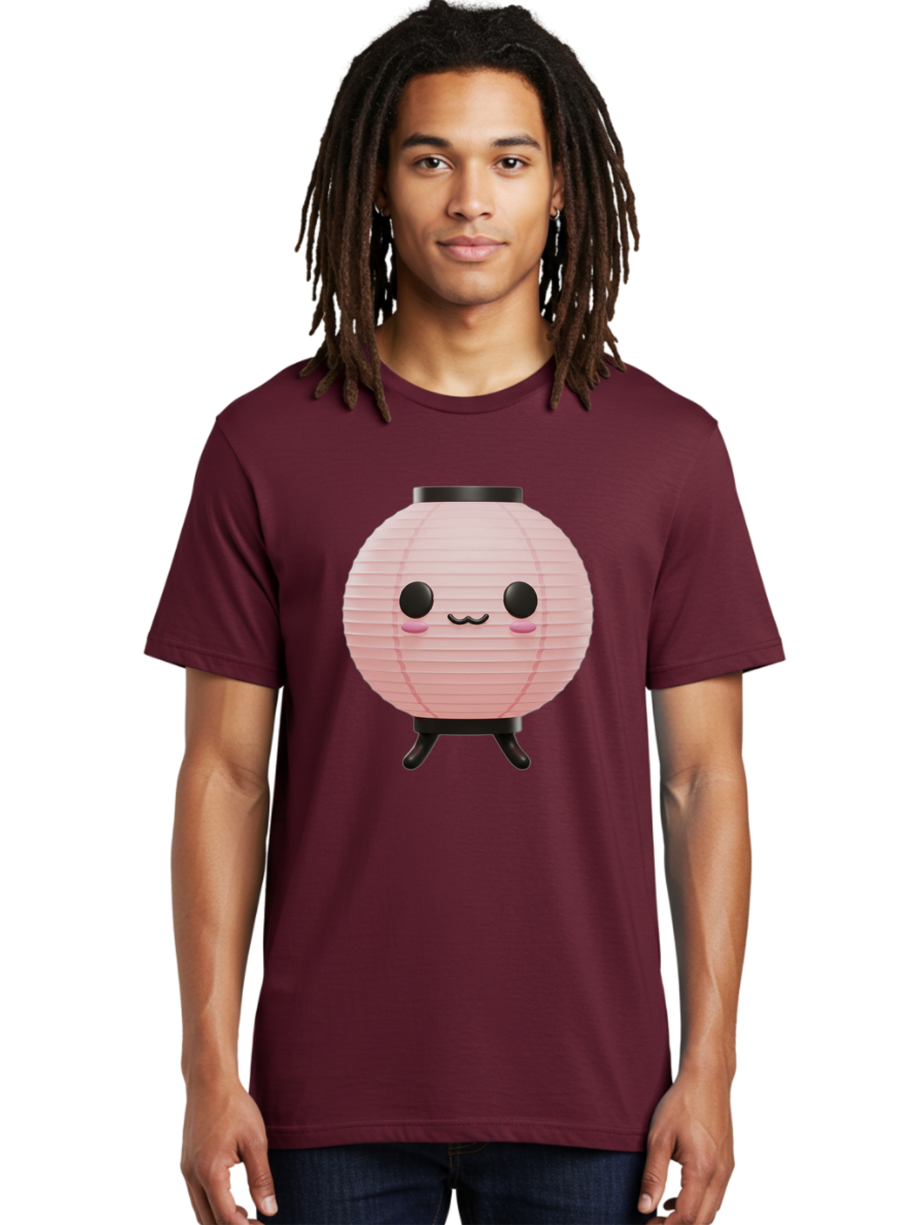 Pink-Paper-Lantern Men'S Graphic Tee, 100% Cotton, Comfortable Casual Summer Wear, Machine Washable, Pink Paper Lantern, Cute Character, Kawaii Culture, Cartoon Style, Smiling Face, Rosy Cheeks, Round Eyes, Black Stand, Kawaii Aesthetic, Bad436